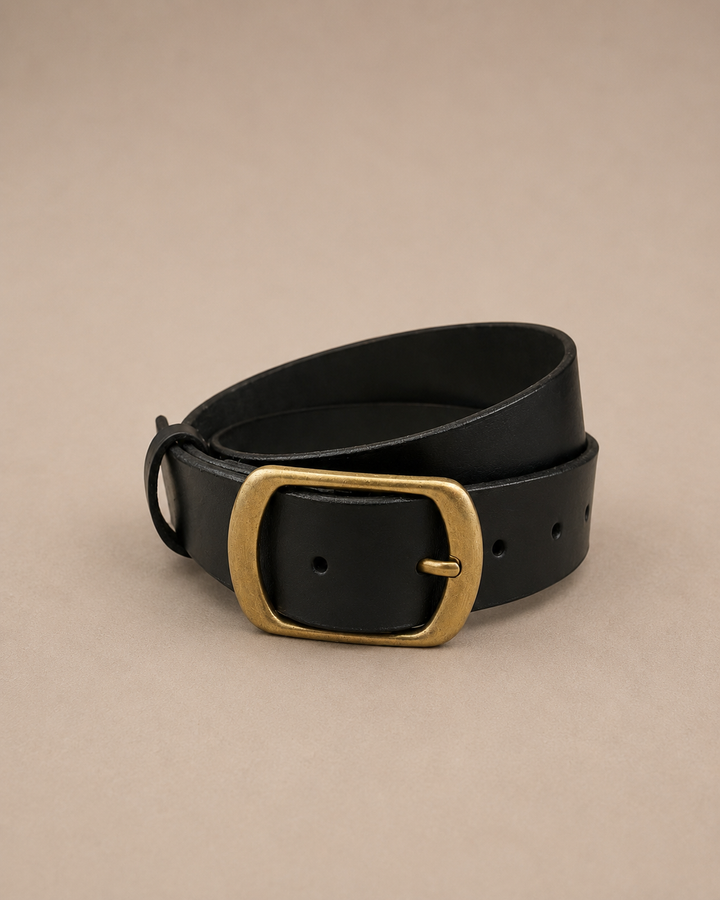 Cinturón Cuero negro Hebilla Bronce Ovalada