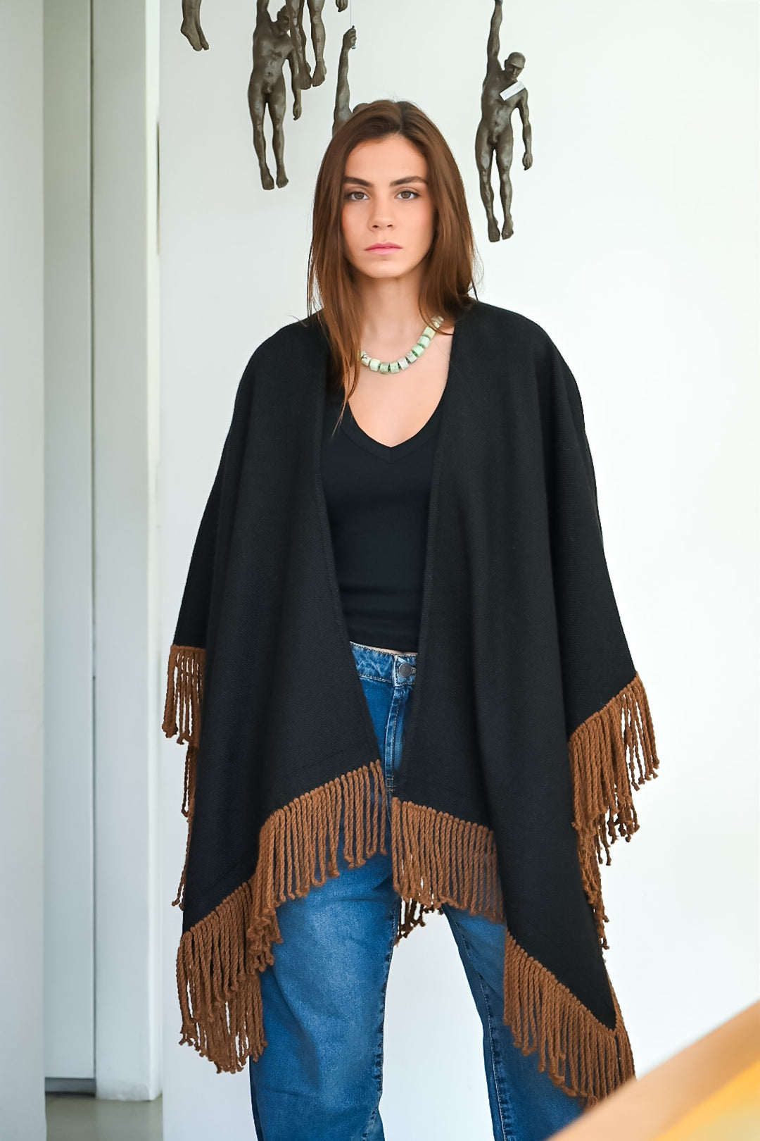 Manta Alpaca Negro/Flecos Camel