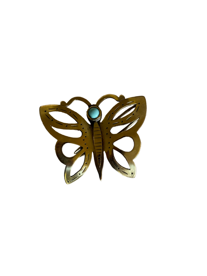 Mariposa colgante y prendedor bronce turquesa