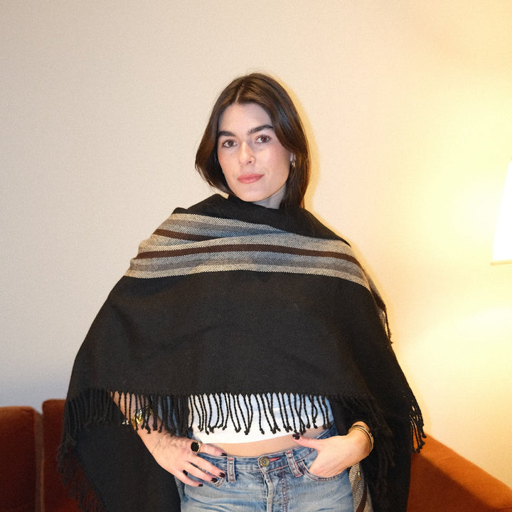 Manta Alpaca Negro/Colores Tierra Contorno